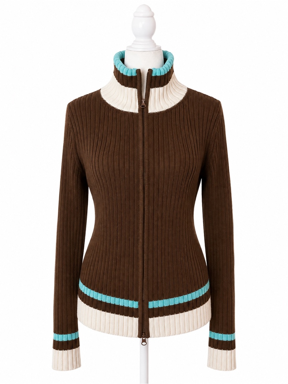 Contact New York Rib Knit Zip Up Sweater XL Brown Blue White Y2K Cardigan